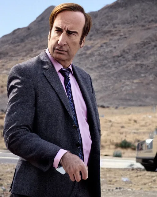 Image similar to film still saul goodman depressed, mountain backround with a traffic cone nearby.