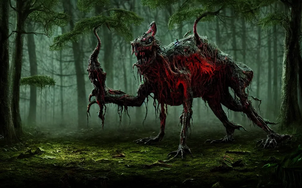 Prompt: a terrifying creature in an enchanted forest at night during torrential rain, very complex, maximalist, overdetailed, legendary cinematic, darkfantasy, highly intricate, realism, perspicious detail, silent hill aesthetic, photorealistic, lifelike, dslr 8 k, unbeatable coherency, octane render