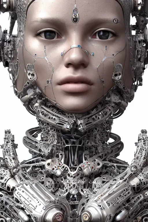 Prompt: a beautiful and young fully cybernetic female with a body mostly made of mechanical parts adorned digital detail and some ornate geometric carvings female human face, intricate, elegant, very detailed, hyper real, octane render, 8k, trending on Artstation