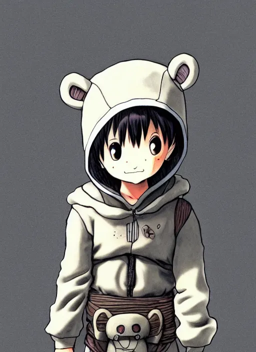 Image similar to beautiful little boy wearing an cyborg bear suit, artwork in kentaro miura and made in abyss and rosdraws, smooth, beautiful lightness, anatomically correct, trending on pixiv, forest