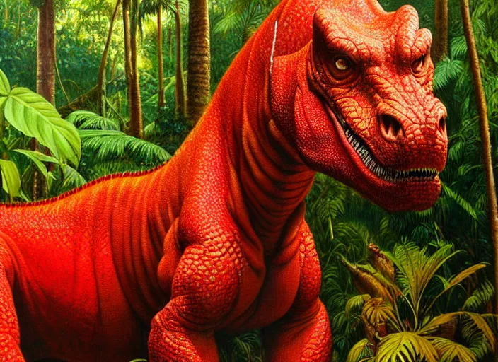 Prompt: red dinosaur in a lush jungle, oil painting, james gurney, highly detailed, golden hour