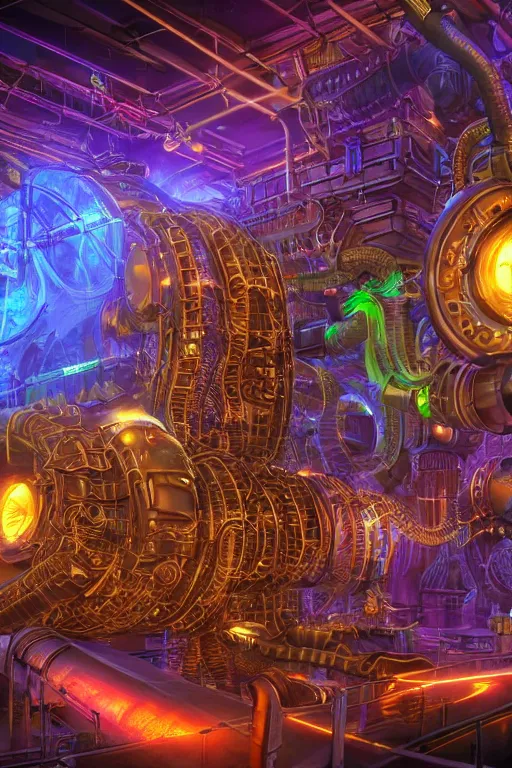 Image similar to cyberpunk octopus, glowing vacuum tubes, symmetric realistic digital art, 3 d render of two huge futuristic steampunk generators inside a huge steampunk engine, 8 k, fluorescent colors, halluzinogenic, multicolored, exaggerated detailed, unreal engine