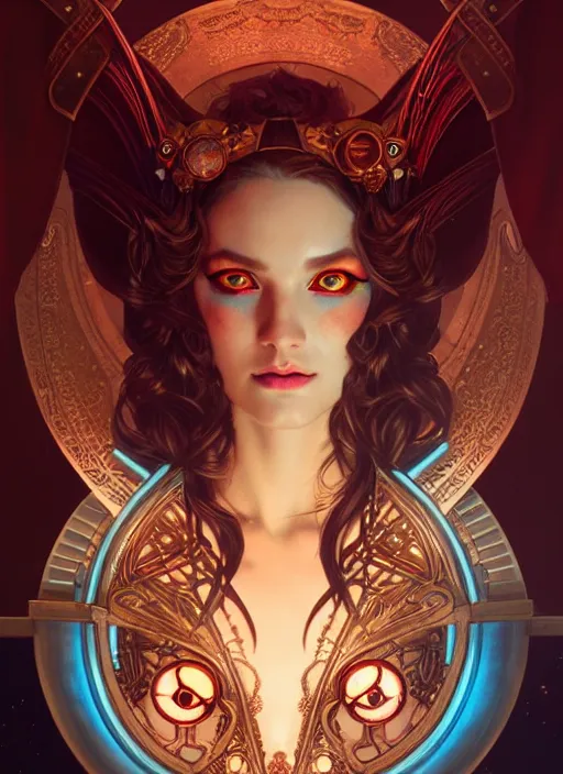 Prompt: the goddess artemis smirking, steampunk, glowing eyes, volumetric lights, red and cyan theme, art nouveau botanicals, intricate, highly detailed, digital painting, artstation, concept art, smooth, sharp focus, cinematic, illustration, beautiful face, art by artgerm and greg rutkowski and alphonse mucha