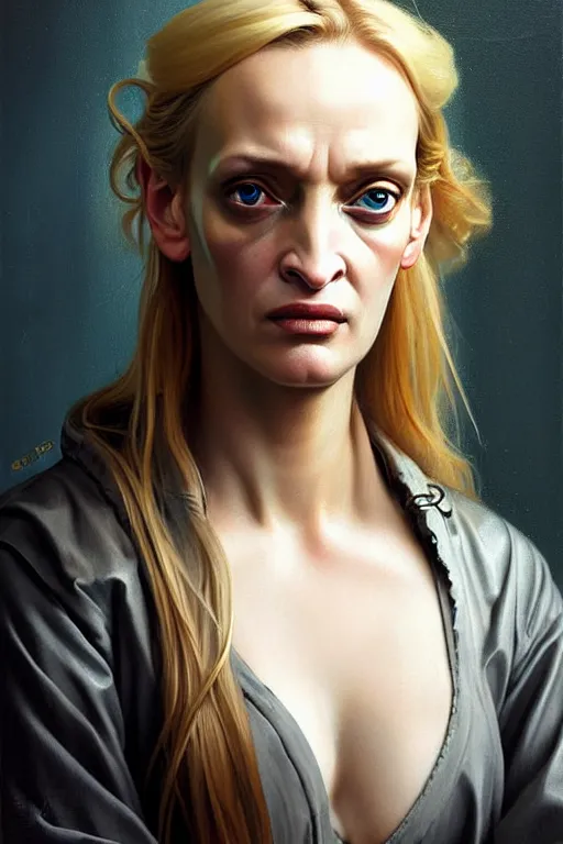 Prompt: baroque oil painting character headshot portrait concept art, uma thurman, sad expression, realism key visual of young female mechanic, oily coveralls, holding spanner, studio soft light directed, gaze finely detailed perfect face, long flowing blonde hair, blue eyes, trending on pixiv fanbox, painted by greg rutkowski