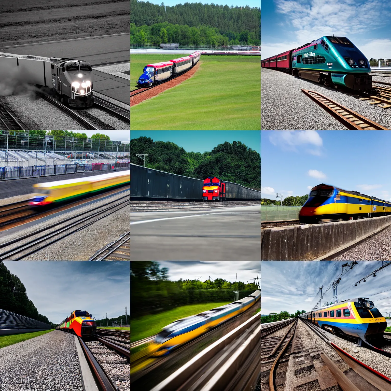 Prompt: a train!!!!!!!!!! on its qualifying lap, on a racetrack, sigma 2 4 mm f / 8 1 / 1 0 0 0 sec shutter speed