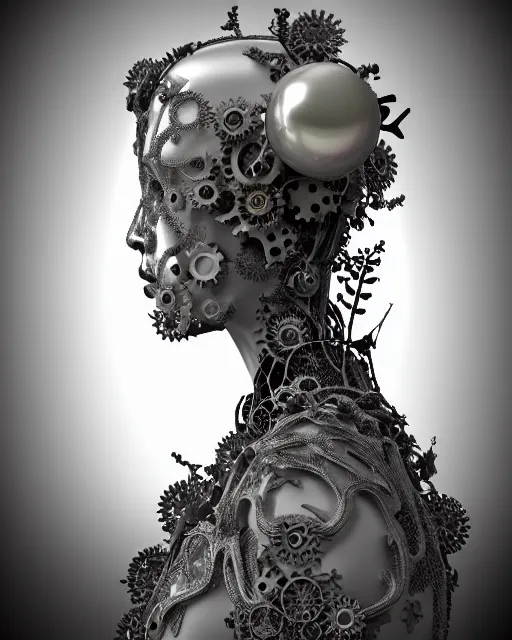 Image similar to monochrome 3 d model, 1 8 7 0 picture, silver lace floral steampunk biomechanical beautiful young female cyborg with porcelain profile face and a techno eye, volumetric light, leaves foliage and stems, hibiscus flowers, sinuous fine roots, fine foliage lace, alexander mcqueen, rim light, big gothic fashion pearl embroidered collar, octane render, 8 k