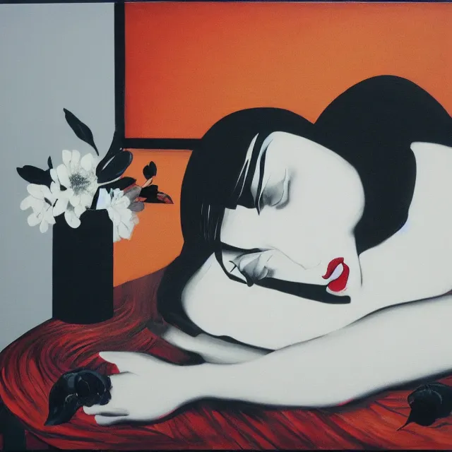 Image similar to empty room with black walls, sensual portrait of a woman sleeping, japanese vase, white flowers, puddle of water, octopus, squashed berries, neo - expressionism, surrealism, acrylic and spray paint and oilstick on canvas