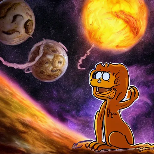 Image similar to one eldritch horror bloody garfield in space, galaxy, hd, 8 k, giant, epic, realistic photo, unreal engine, stars, prophecy, powerful, cinematic lighting, destroyed planet, debris, violent, sinister, ray tracing, dynamic, print, epic composition, dark, horrific, teeth, grotesque, scary, pencil drawing