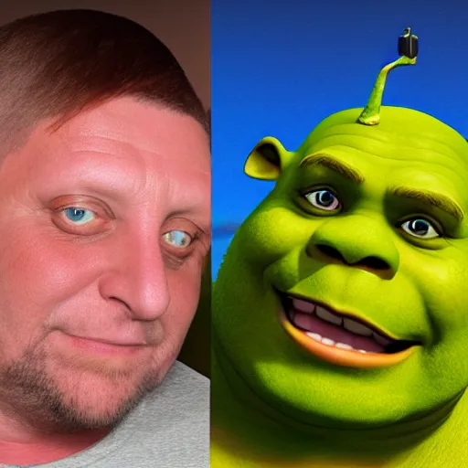 Prompt: Shaun Ryder taking a selfie with Shrek in real life, Realistic, HD Quality, 8k Resolution, Digital Art, Trending on Artstation