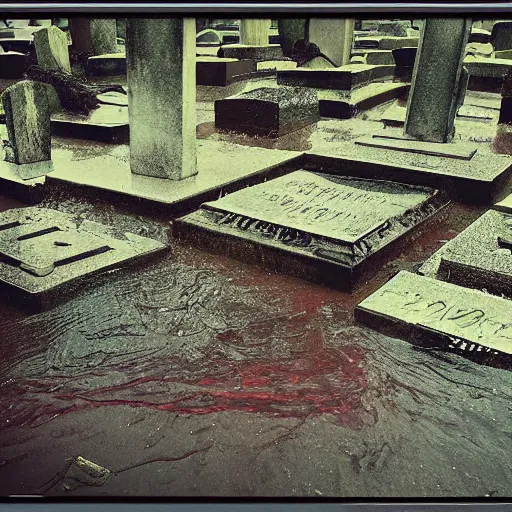 Prompt: dreadful, composed by ferdinand keller, by ron garney bauhaus, glitch art. the experimental art shows a grave that has been flooded with water. the grave is located in a cemetery in italy. the water in the grave is dirty & there is trash floating in it. the grave is surrounded by a fence.