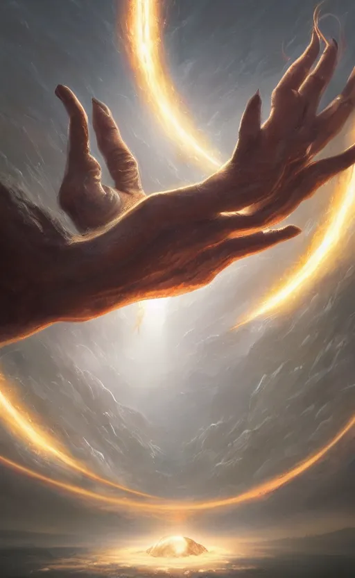 Image similar to the hand of God coming out of a portal hopping and time warping with reckless abandon, dramatic scene, masterpiece digital painting by Greg Rutkowski, Alex Grey, artstation, 4k wallpaper