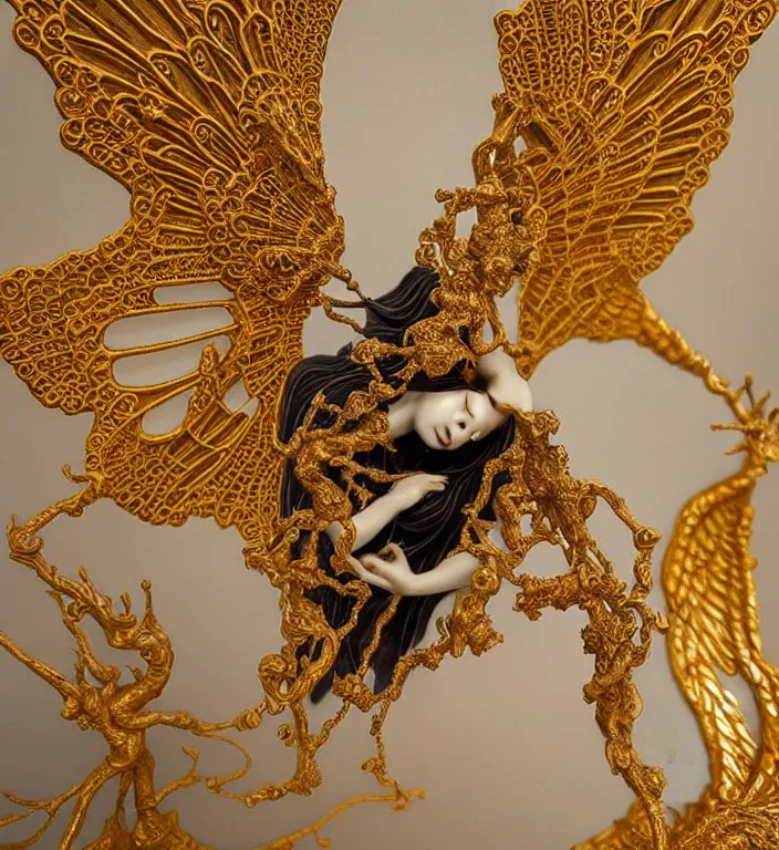 Prompt: gothic angel falling from heaven, A Close up photo-real delicate ceramic porcelain sculpture of a symmetrical ornate detailed in front of an intricate background by Victo Ngai and takato yamamoto, micro detail, backlit lighting, golden ratio, face in focus, subsurface scattering, translucent, art deco, octane renderer, colorful, physically based rendering, gold leaf mural