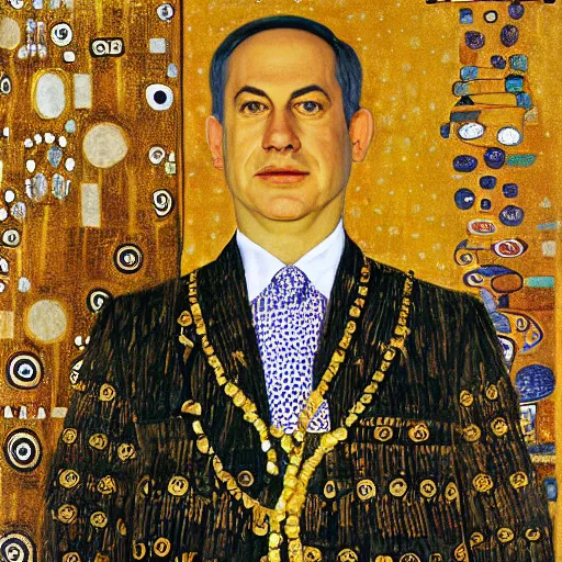 Prompt: a portrait of benjamin netanyahu wearing gold garbs and jewels, by gustave klimt