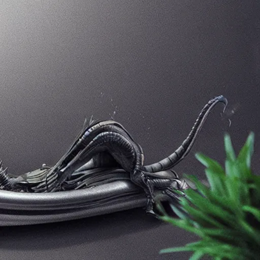 Image similar to xenomorph chilling on a sunbed near a pool drinking mojito, photorealistic, trending on artstation, hyper detailed, 8 k