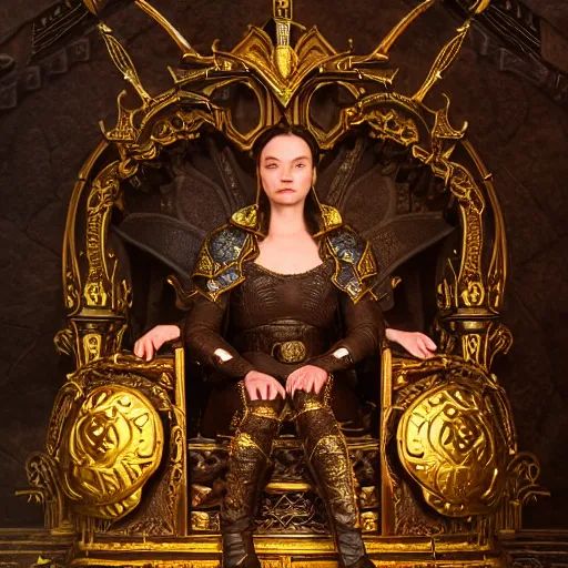 Image similar to the elder scrolls vi, charismatic regal black haired female jarl, portrait, exquisitely designed throne room, atmospheric lighting, painted, intricate, volumetric lighting, beautiful, daytime, slightly sunny weather, sharp focus, deep colours, ultra detailed, golden hour by leesha hannigan, ross tran, thierry doizon, kai carpenter, ignacio fernandez rios