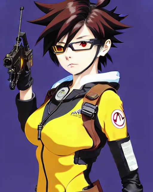 Image similar to Anime as Tracer Overwatch wearing brown leather-coat; wearing mask; wearing yellow tight fit pants || cute-fine-face, pretty face, realistic shaded Perfect face, fine details. Anime. realistic shaded lighting poster by Ilya Kuvshinov katsuhiro otomo ghost-in-the-shell, magali villeneuve, artgerm, Jeremy Lipkin and Michael Garmash and Rob Rey as Overwatch Tracer cute smile