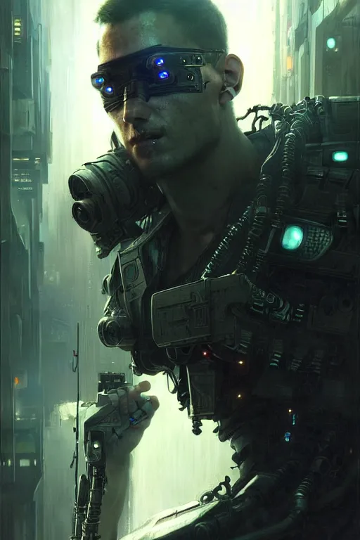 Prompt: a contempory smart cyberpunk hacker a cybernetic eyepatch, upper body, highly detailed, intricate, sharp details, dystopian mood, sci-fi character portrait by gaston bussiere, craig mullins