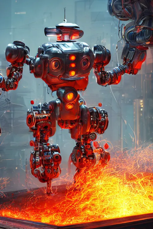 Prompt: an extremely intricately hyper detailed robot lots of cables and lights and connections, concept art. octane render, unreal engine 5, f / 1. 8, v - ray, ultra hd, 8 k, atmospheric beautiful background and beautiful lighting. lots of sparks and fire. god rays, volumetric lighting. hyper realism.