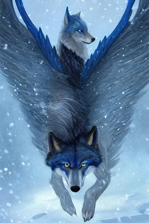 Image similar to blue wolf with wings, facing front, regal, elegant, winter, snow, beautiful, stunning, hd, illustration, epic, d & d, fantasy, intricate, elegant, highly detailed, digital painting, artstation, concept art, smooth, sharp focus, illustration, wallpaper, art by artgerm and greg rutkowski and alphonse mucha and jin xiaodi