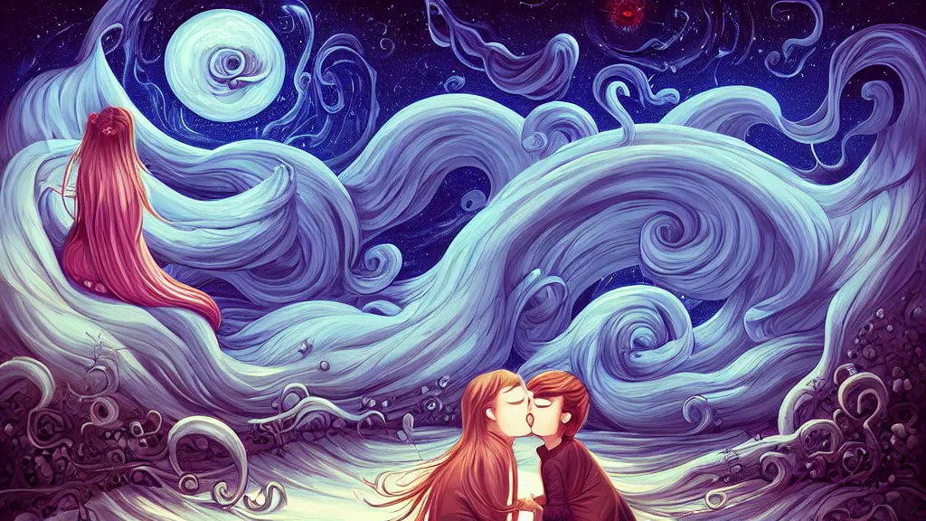 Prompt: in love by cyril rolando and naomi okubo and dan mumford and ricardo bofill. lovecraft. lovecraftian. starry night swirly sky.