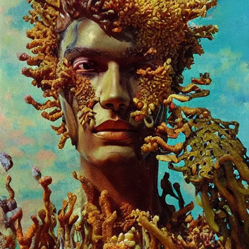 Image similar to a sculpture portrait made of smoke mushrooms and coral reefs and crystals and plants, painting part by wojciech siudmak, part by ilya repin, part by max ernst, part by norman rockwell, artstation