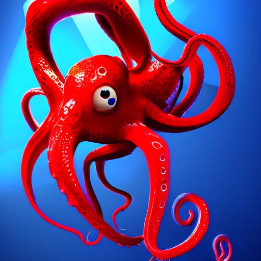 Image similar to portrait of red octopus, sly, cunning, blue background, pixar style animation 3d extremely gloomy lighting, atmospheric, cinematic, detailed illustration unreal Engine, 8K