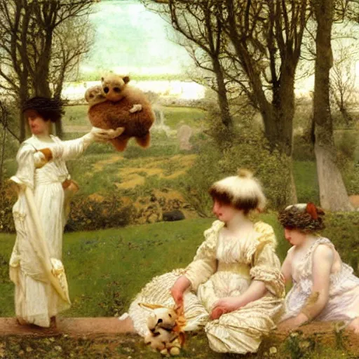 Prompt: Alma-Tadema Spring with stuffed animals