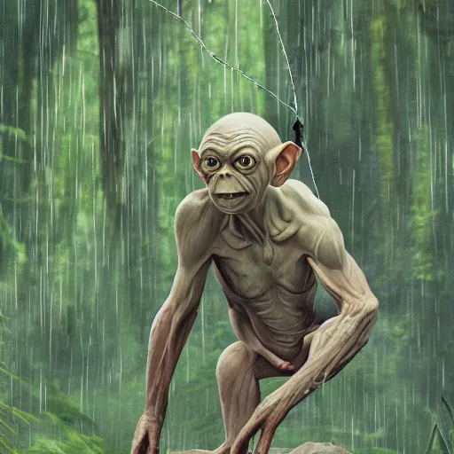 Prompt: Gollum makes twine in rainy forest