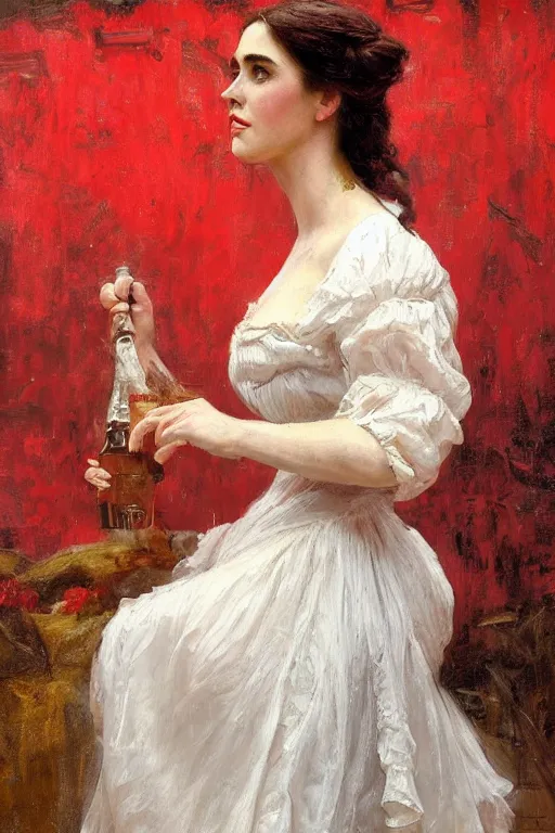 Image similar to painting of Jennifer Connelly by Richard S. Johnson and Solomon Joseph Solomon and Richard Schmid and Jeremy Lipking victorian genre painting full length portrait painting of a young beautiful woman traditional german french barmaid in fantasy costume, red background