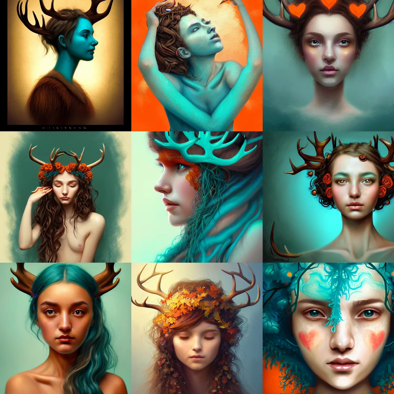 Image similar to beautiful digital painting of a beautiful young woman with teal skin and antlers made of wood on her head, brown curly hair with orange oak leaves, heart shaped face, D&D, fantasy, intricate, beautiful eyes, cinematic lighting, highly detailed, digital painting, Artstation, concept art, smooth, sharp focus, illustration, art by Artgerm and Greg Rutkowski, Alphonse Mucha and Rossdraws