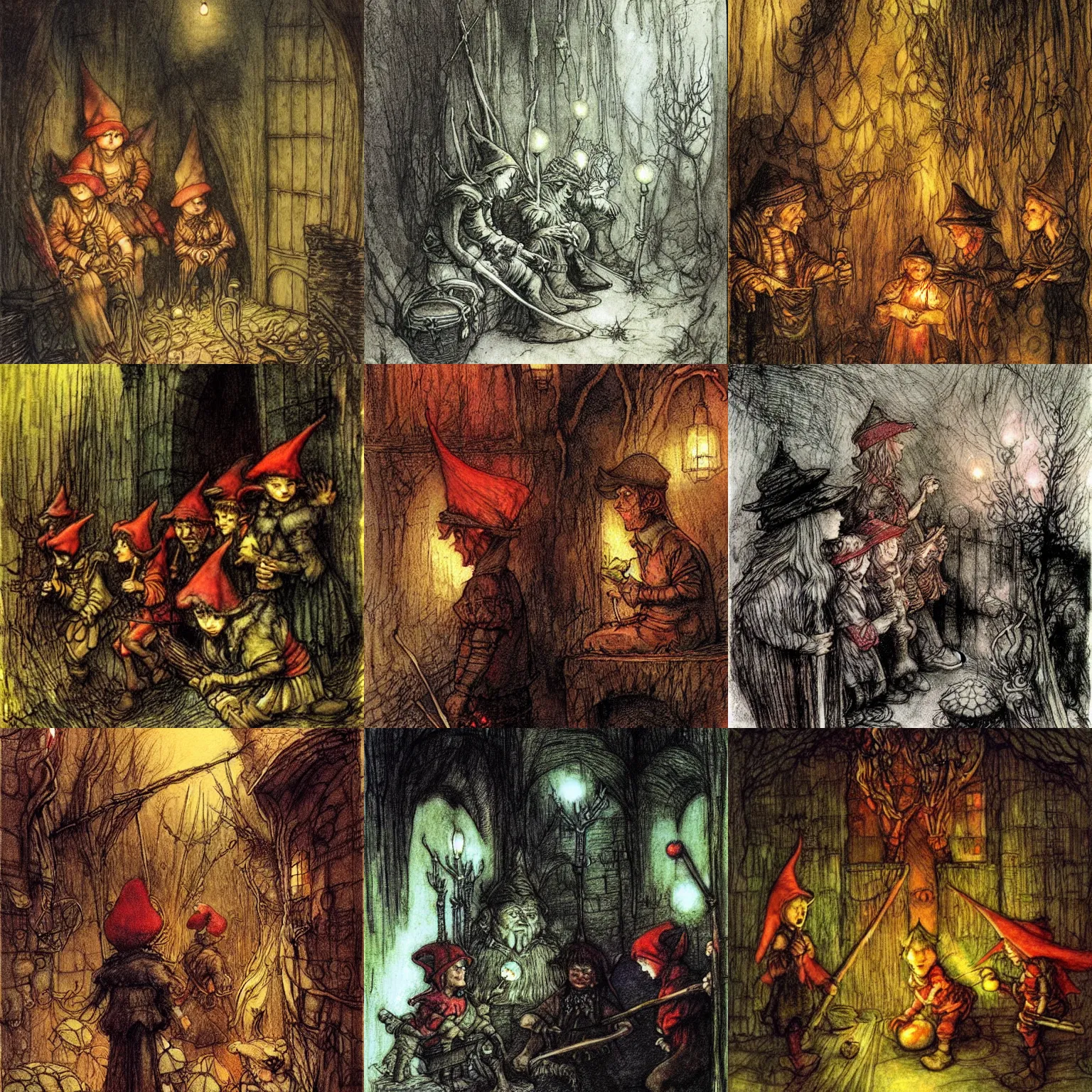 Prompt: cunning [ [ elves ] ] ( with red hats and laterns ) in a dark [ mine ], fairy tale illustration, colorful, drawing by alan lee, rembrandt, arthur rackham and marc simonetti