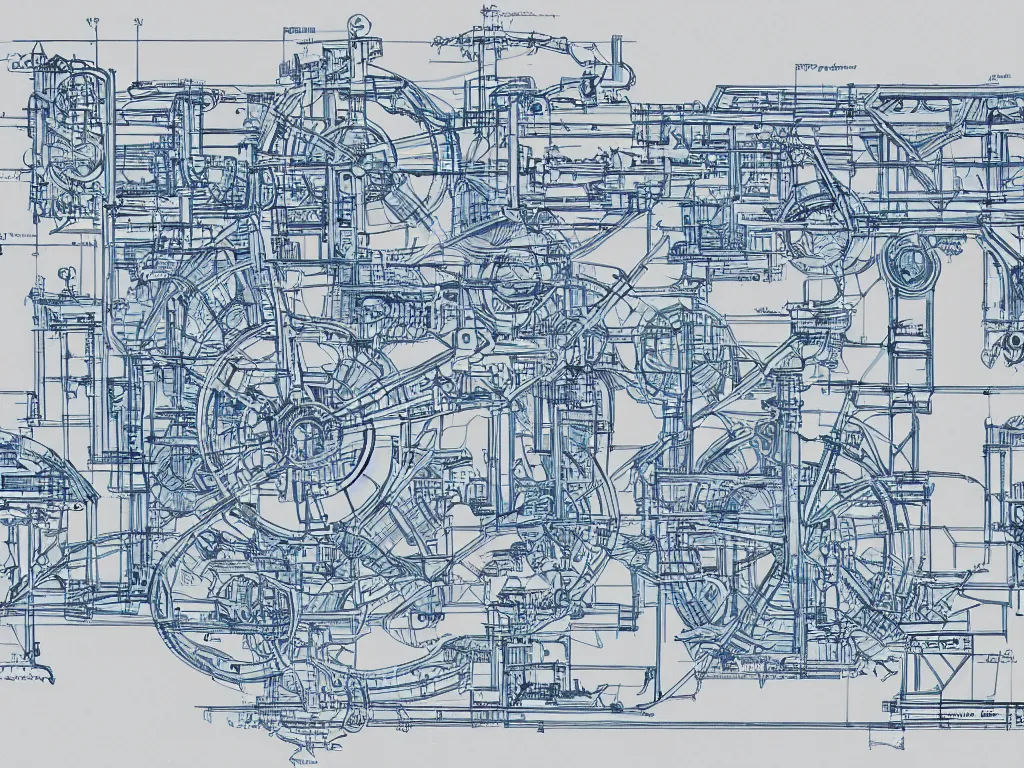 Prompt: a very detailed technically accurate blueprint of futuristic machinery, highly detailed