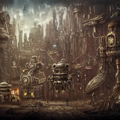 Image similar to robot city, steampunk art, fantasy style, super high detail, super high quality, talented artist, trending on artstation, machinarium