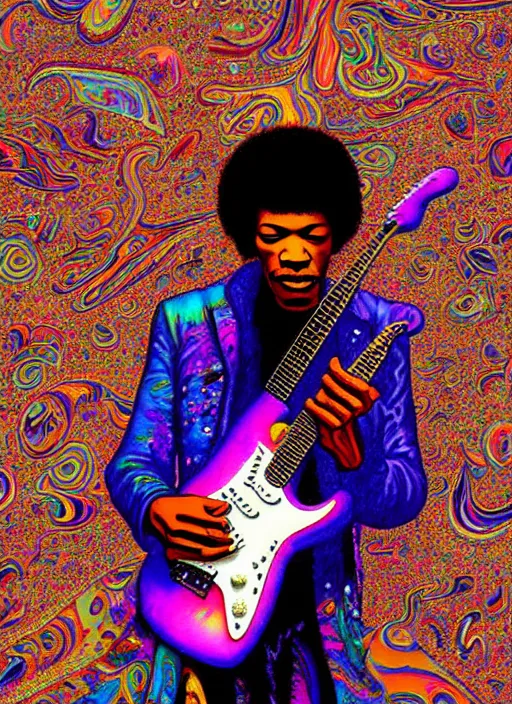 Image similar to hyper detailed 3d render like a Oil painting - Jimi Hendrix aerochrome and milky Fruit holding a left-handed white stratocaster guitar in his left hand, iridescent paisley patterns by Jacek Yerka, Ilya Kuvshinov, Mariusz Lewandowski, Houdini algorithmic generative render, Abstract brush strokes, Masterpiece, Edward Hopper and James Gilleard, Zdzislaw Beksinski, Mark Ryden, Wolfgang Lettl, hints of Yayoi Kasuma, octane render, 8k