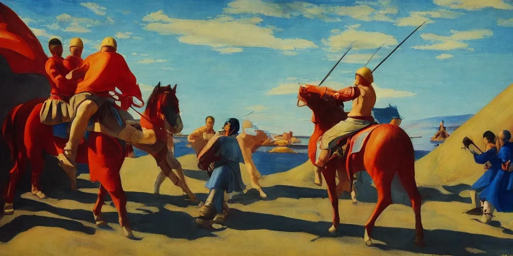 Image similar to a heavenly cinematic water colour of a mongolian knight by edward hopper in the style of renaissance art, 8 k