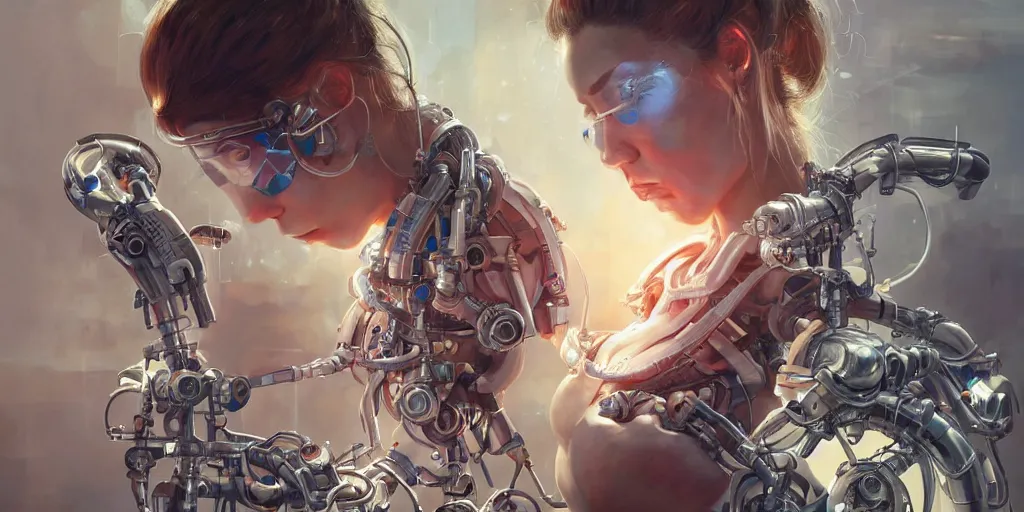 Image similar to hyperrealistic photography of a female scientist cyborg constructing a time machine in the style of Jin Kagetsu, James Jean and wlop, highly detailed, masterpiece, award-winning, sharp focus, intricate concept art, digital painting, ambient lighting, 4k, artstation