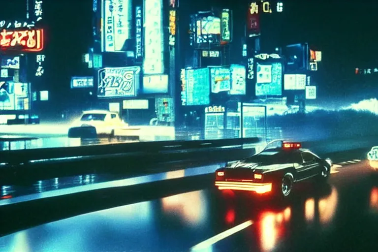 Image similar to a single knight rider, speeding down tokyo highway in the rain, night time, neon lights, thunderstorm, movie still from the film bladerunner