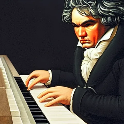 Prompt: beethoven composing at the piano, wearing a vr headset, dim lighting, dark room, candle light