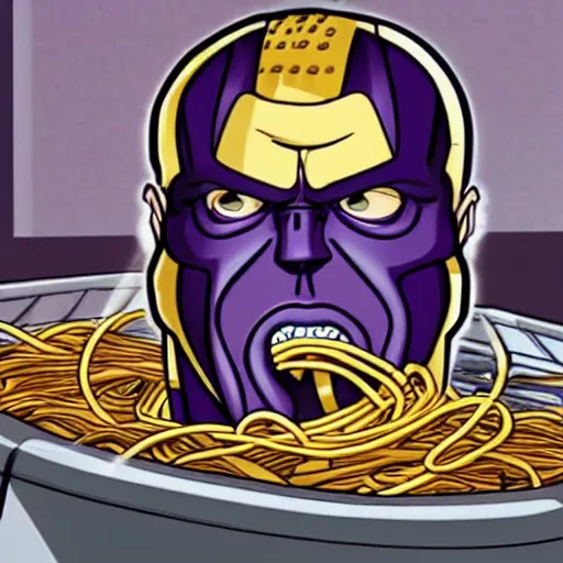 Prompt: thanos eating spaghetti in the dishwasher