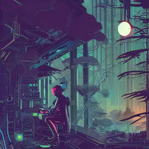 Image similar to Stunningly intricate illustration of single cyberpunk explorer overlooking lush forest, highly detailed, midnight, small glowing orbs by Josan Gonzalez and James Gilleard , Moebius, Laurie Greasley