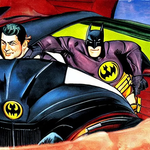 Image similar to batman and robin driving the batmobile, painted by el greco