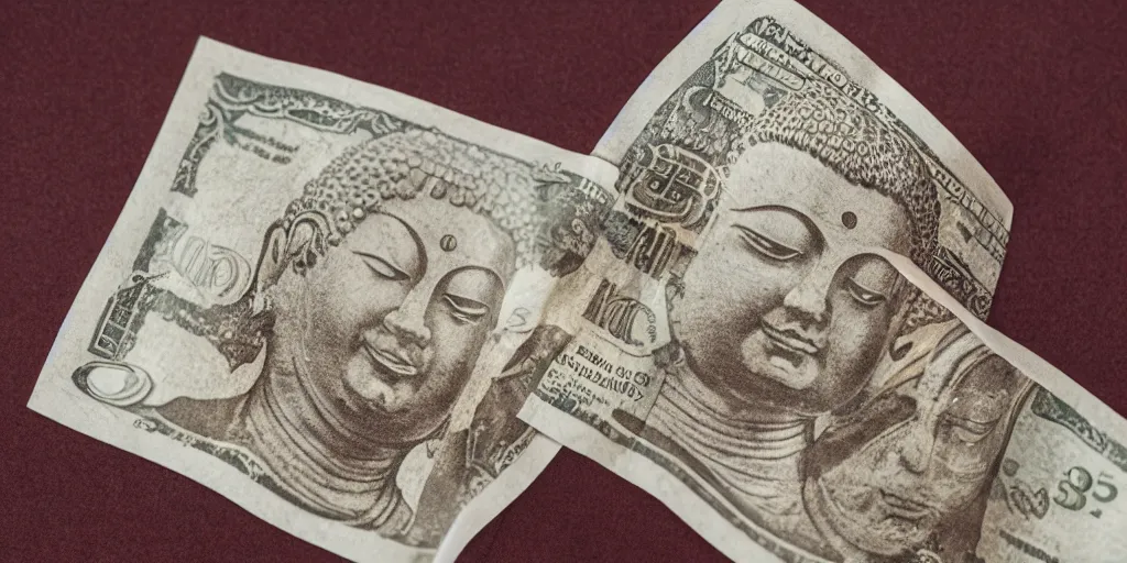 Image similar to 5 dollar bill with a buddha on it, high details