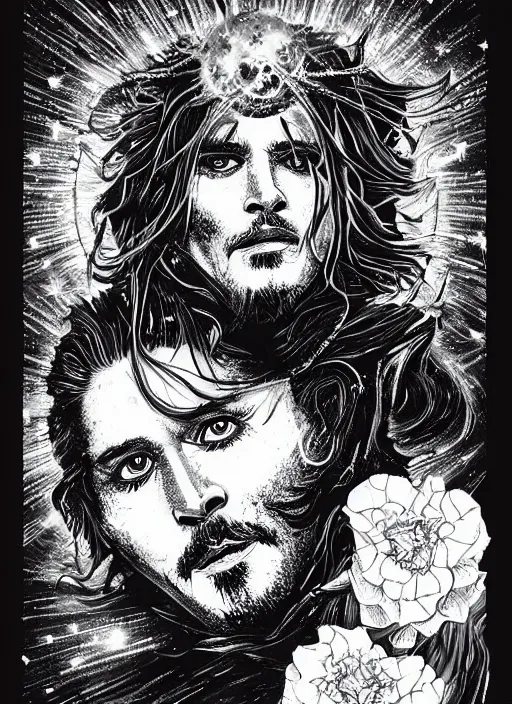 Prompt: black and white pen and ink!!!!!!! Johnny Depp x Ryan Gosling wearing cosmic space robes made of stars final form flowing royal hair golden!!!! Vagabond!!!!!!!! floating magic swordsman!!!! glides through a beautiful!!!!!!! Camellia flower battlefield dramatic esoteric!!!!!! Long hair flowing dancing illustrated in high detail!!!!!!!! by Moebius and Hiroya Oku!!!!!!!!! graphic novel published on 2049 award winning!!!! full body portrait!!!!! action exposition manga panel black and white Shonen Jump issue by David Lynch eraserhead and beautiful line art Hirohiko Araki!! Rossetti, Millais, Mucha, Jojo's Bizzare Adventure, baroque bedazzled gothic royalty frames surrounding a pixelsort emo demonic horrorcore japanese Edward Scissorhands, sharpened early computer graphics, remastered chromatic aberration, spiked korean bloodmoon sigil stars draincore, gothic demon hellfire hexed witchcore aesthetic, dark vhs gothic hearts, neon glyphs spiked with red maroon glitter breakcore art