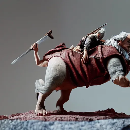 Prompt: witcher riding on pig, claymation, cinematic, 8 k,