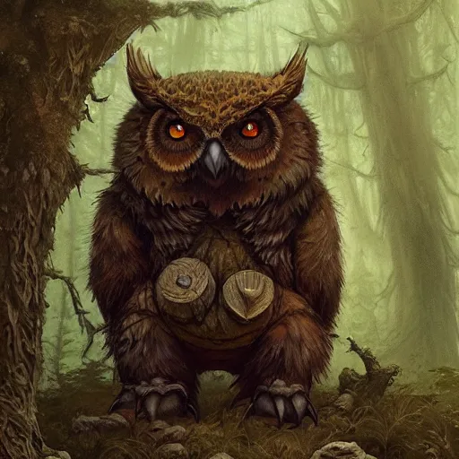 Image similar to three quarter portrait of an owlbear in the forest, d & d, fantasy, greg rutkowski, frank frazetta, alexandre chaudret, boris vallejo, michael whelan, miro petrov, hr giger, magali villeneuve, donato giancola