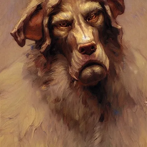 Image similar to a portrait of a giant dogman. highly detailed painting by gaston bussiere, craig mullins, j. c. leyendecker, furry