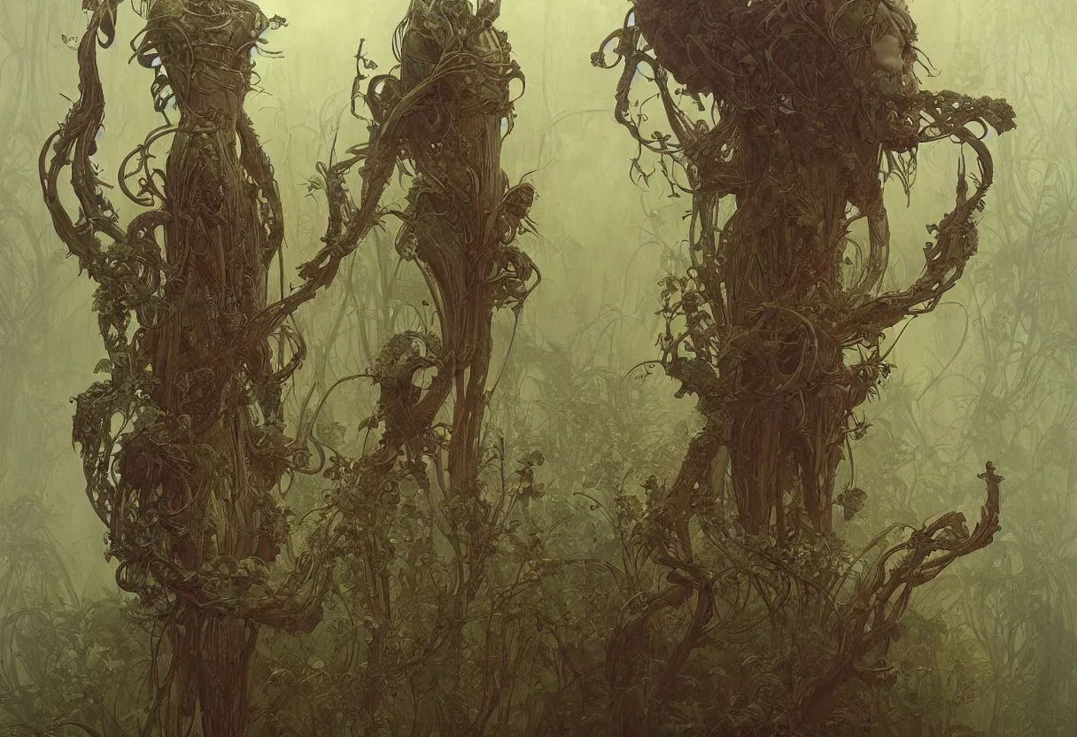 Image similar to anthropomorphic plant person, by daniel - by greg rutkowski and raymond swanland hr giger and zdzislaw beksinski and alphonse mucha and moebius, matte painting, hyperdetailed, symmetry, art nouveau, beautiful render, concept art