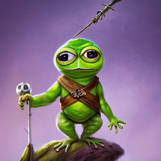 Prompt: cute little anthropomorphic pepe frog, wielding a magic staff, tiny, small, short, wizard robe, cute and adorable, pretty, beautiful, dnd character art portrait, matte fantasy painting, deviantart artstation, by jason felix by steve argyle by tyler jacobson by peter mohrbacher, cinema