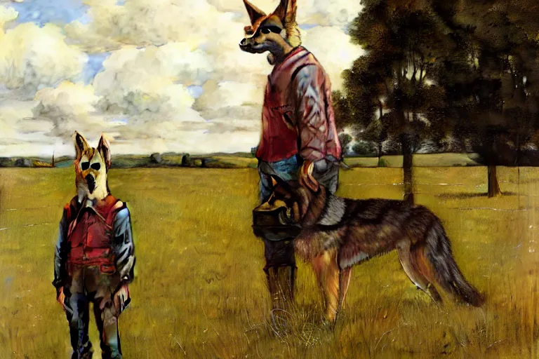 Image similar to farm life portrait of furry anthro anthropomorphic german shepard head animal person fursona wearing clothes farmer on the field in ohio, sunny day, digital art by Nerdrum John, William Waterhouse, Winslow Homer, Alex Heywood, Jordan Grimmer, Darren Quach, Greg Rutkowski, Simon Stalenhag, trending on Artstation, CGSociety