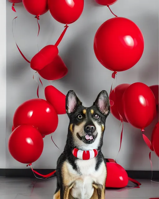 Prompt: target mascot dog happily surrounded by target logo and red balloons artistic ad campaign photo Leica Zeiss